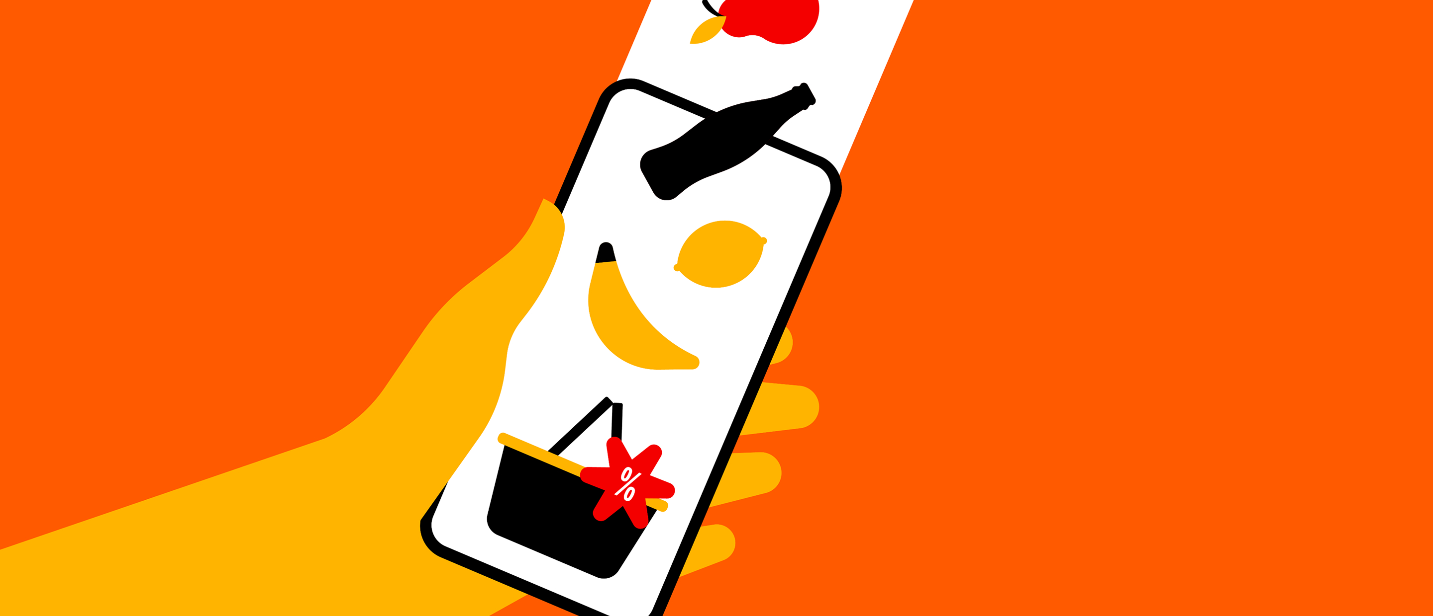 Illustration of a hand holding a phone with shopping items on it