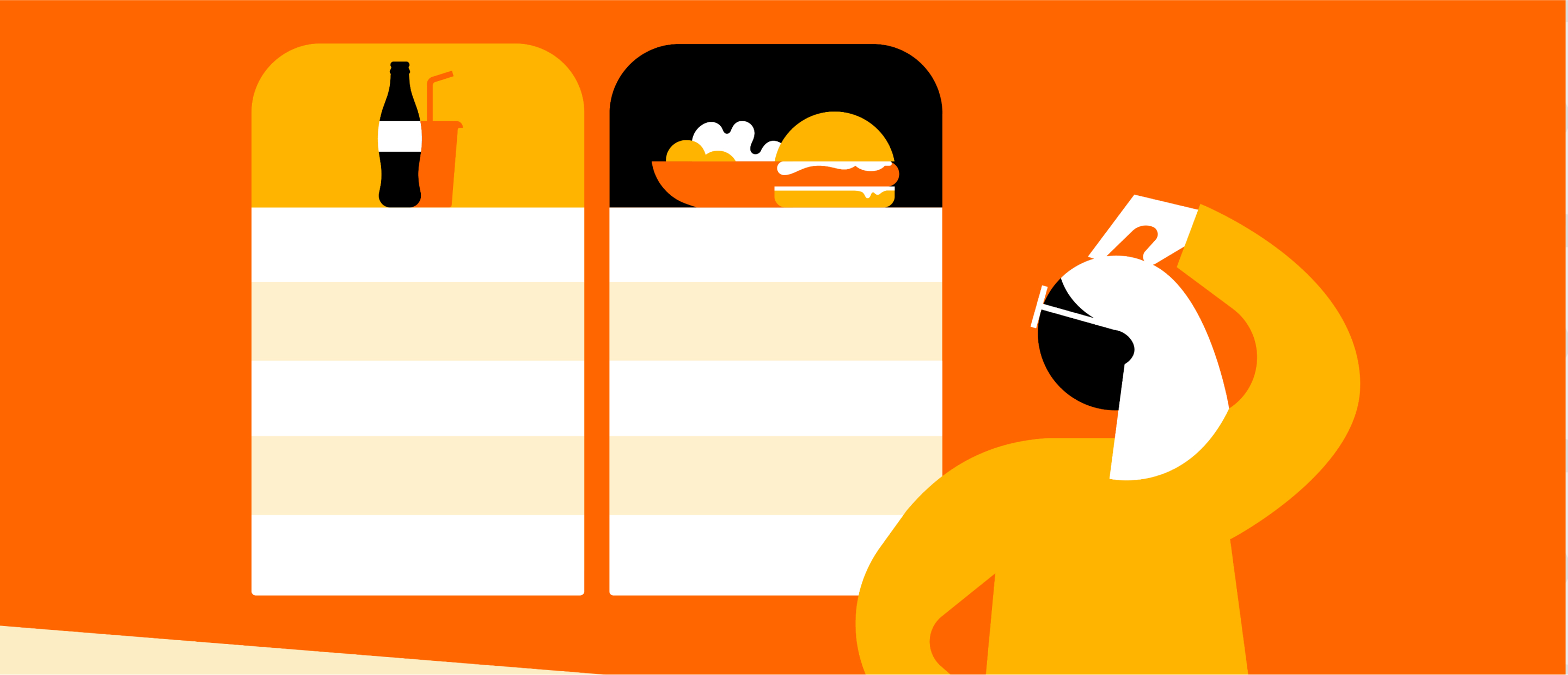 Vector image of a woman scratching her head, debating between two food choices