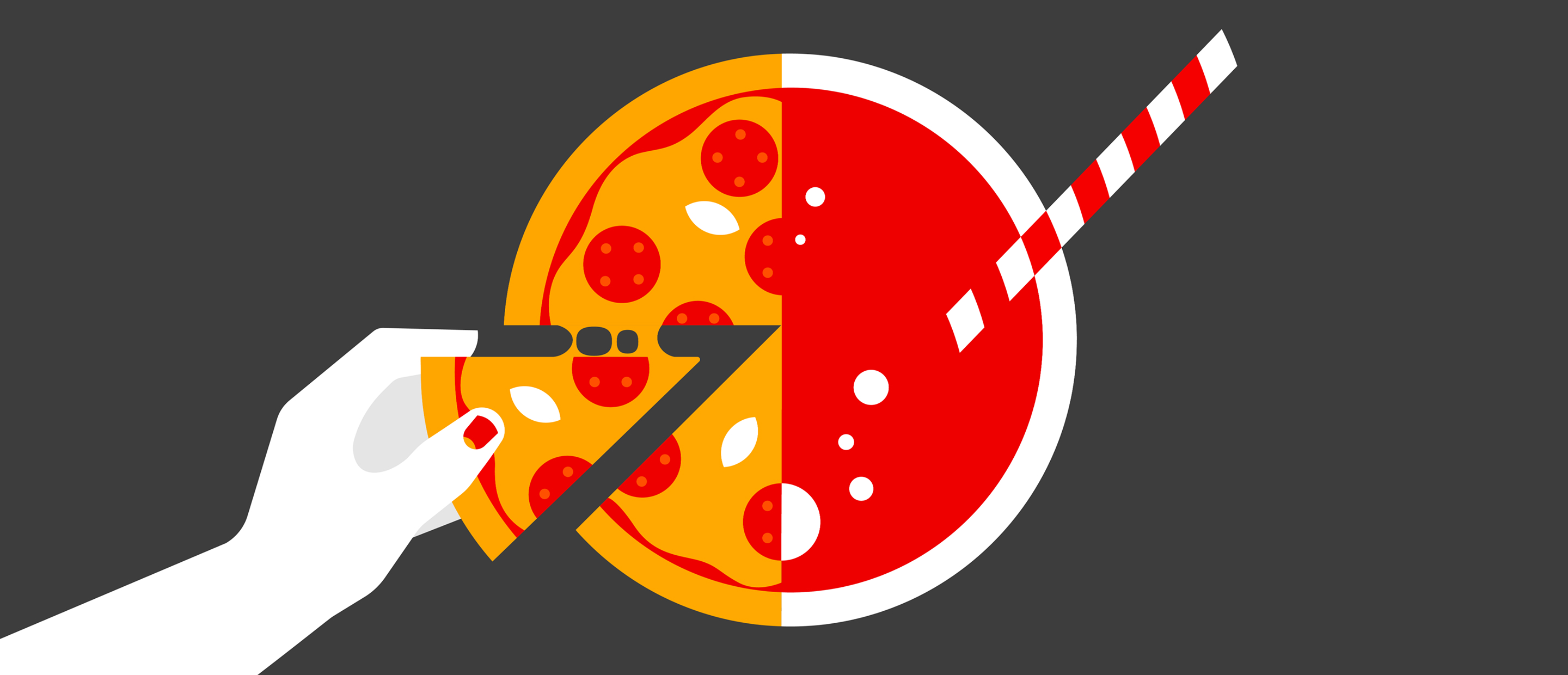 Illustration of a circle half being a pizza and half being a soda drink with a straw