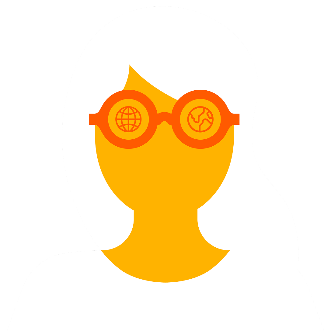 Illustration of a head wearing glasses with one lens being an icon of the world and the other an icon for the internet