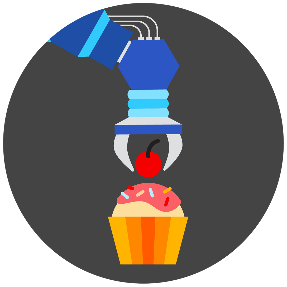 Illustration of a robot arm adding a cherry to a cupcake