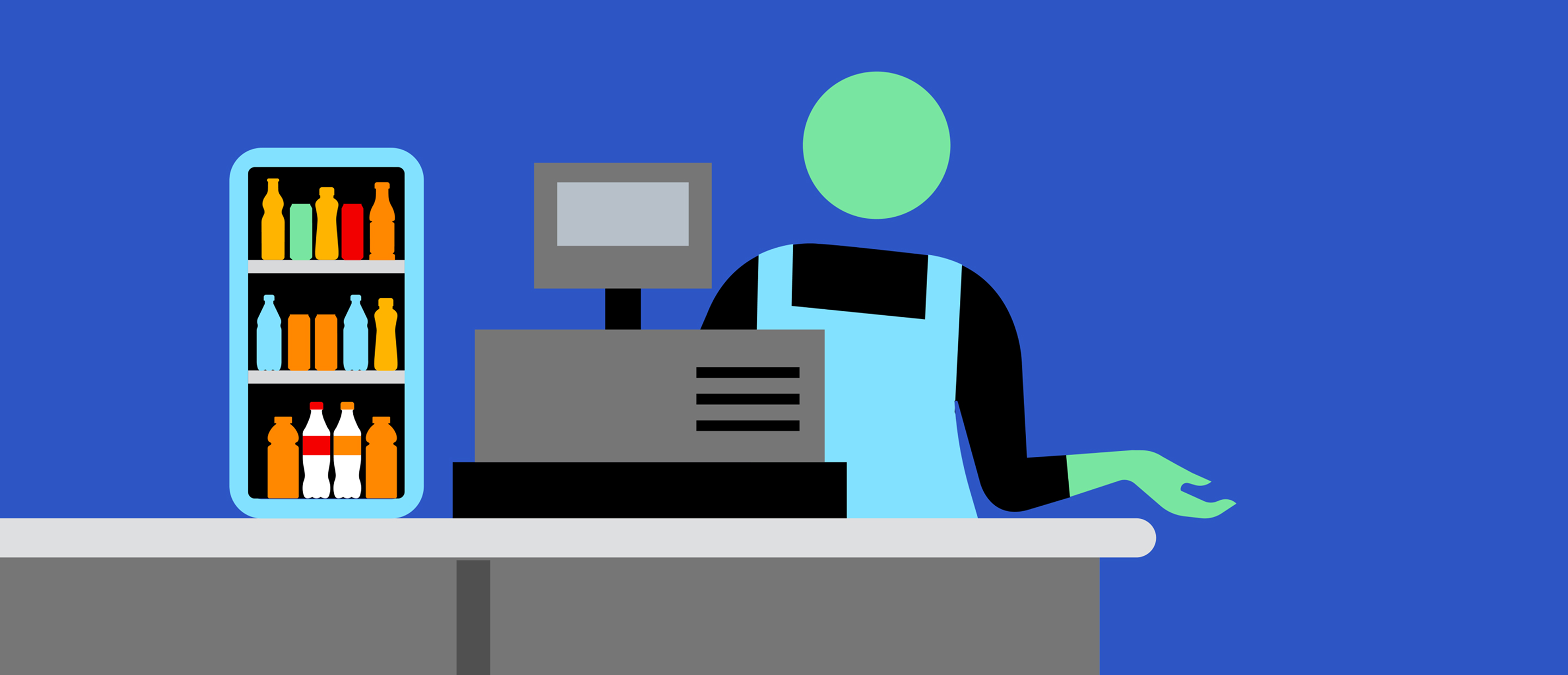 Illustration of a cashier behind a register next to a beverage cooler