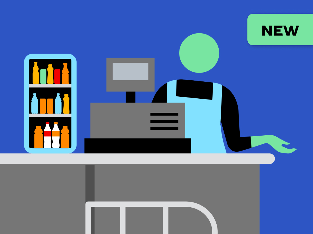 Illustration of a cashier behind a register next to a beverage cooler