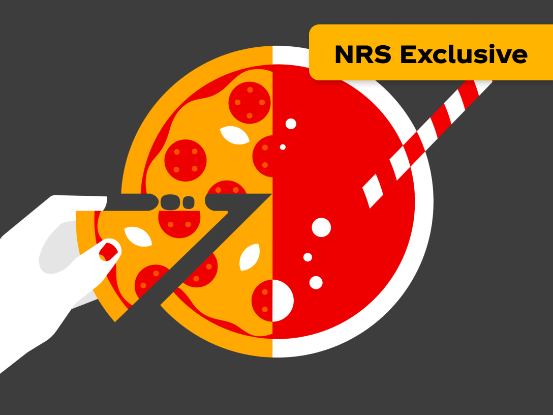Illustration of a circle half being a pizza and half being a soda drink with a straw. NRS exclusive tag in the corner